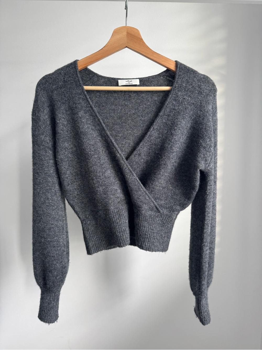 Aritzia SoftSpoke Dear Wrap Sweater Wrap V-Neck Sweater in Heather Charcoal - Picture 2 of 4